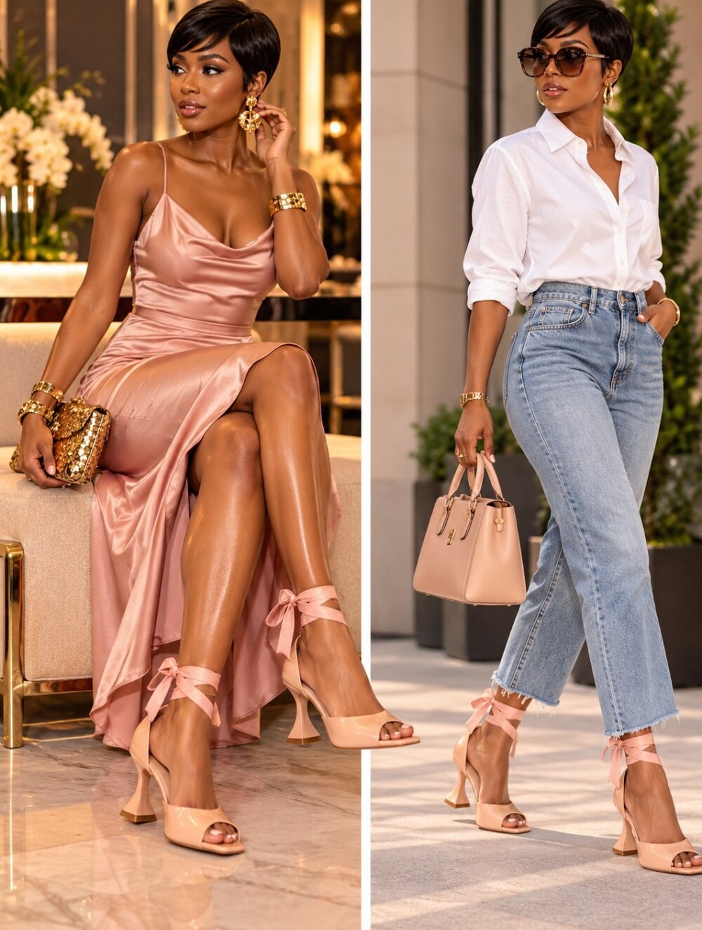 Viviany Nude Patent Peep-Toe Heels with Pink Ankle Ties – Size 11 🎀✨